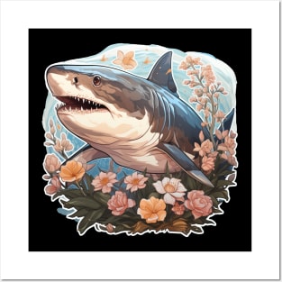 WHITE shark colorful Flower Illustration Posters and Art